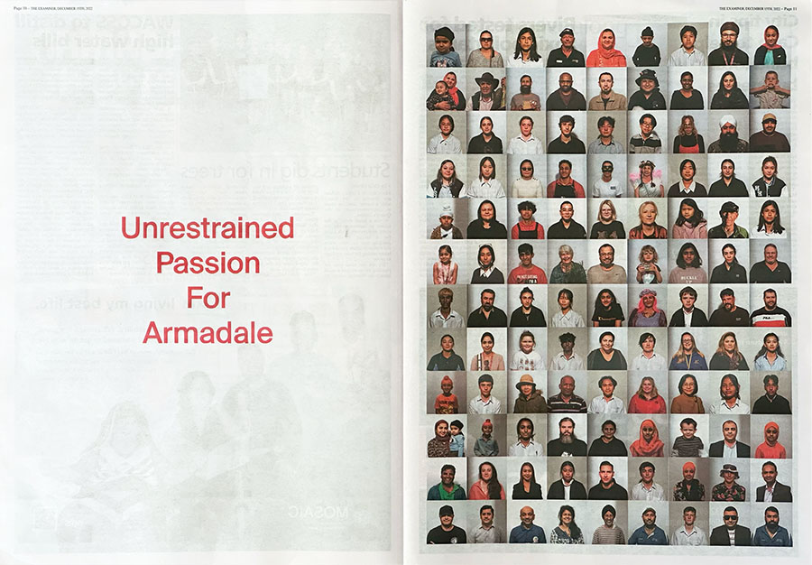 A photo of double-page spread of a newspaper. The image is split in to two sections. On the left, centered, are the words 'Unrestraint Passion for Armadale' in bold red text. On the right is a grid of 108 portraits of people of all ages and ethnicities, all captured against a white backdrop.