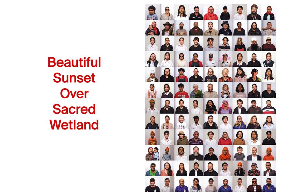 The image is split in to two sections. On the left, centered, are the words 'Beautiful Sunset Over Sacred Wetland' in bold red text. On the right is a grid of 108 portraits of people of all ages and ethnicities, all captured against a white backdrop.