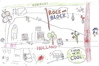 A scanned image of a coloured pencil drawing featuring a top-down view of a neighbourhood block. There are houses, trees, flowers, and various park features along the three visible streets. A flag in the middle has the text “Rock the block” in capital letters. On the bottom right of the drawing is the phrase “I used to be cool” in capital letters and enclosed in a circle.