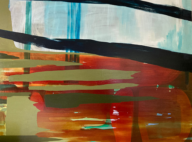 An abstact painting by Jo Darbyshire titled 'Lake Grace', featuring broad gestural strokes of red, black, brown, olive, and blues.